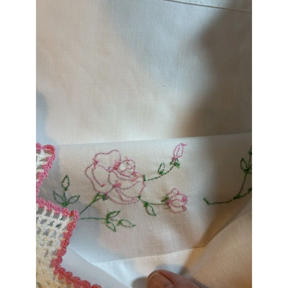 Vintage Pink Rose Embroidered Pillowcases Pair Crochet Lace Percale Cottage Set